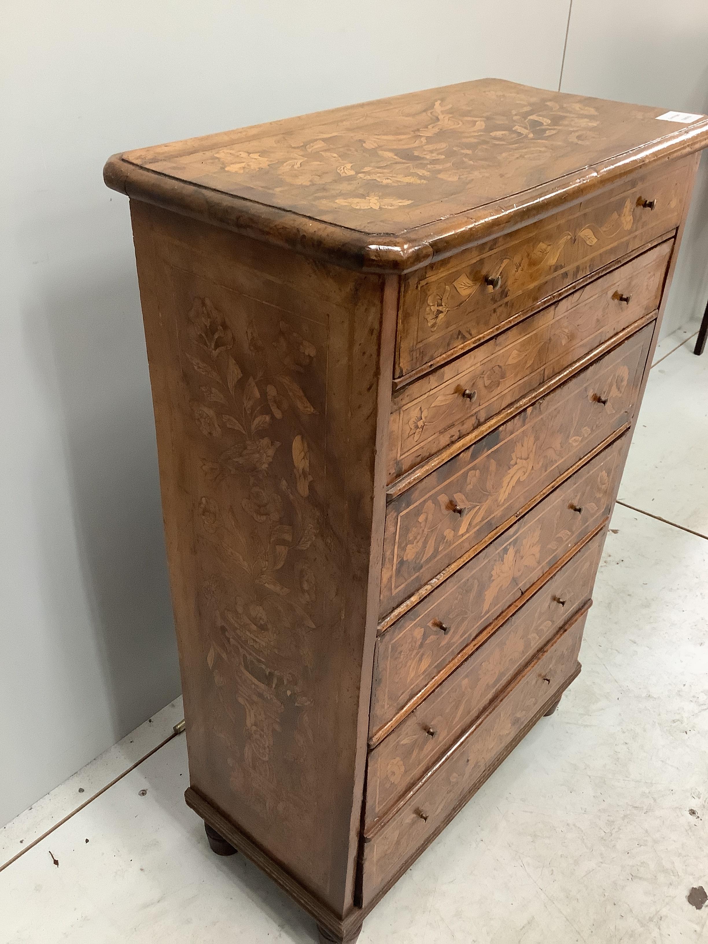 A small 19th century Dutch walnut and floral marquetry small chest of six drawers, width 52cm, depth 28cm, height 79cm